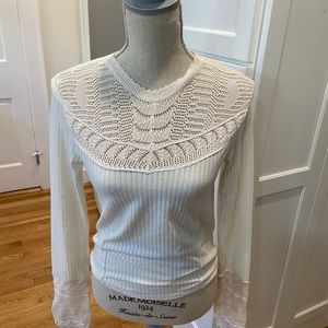 Free People Cream Crochet Yoke Ribbed Long Sleeve Top